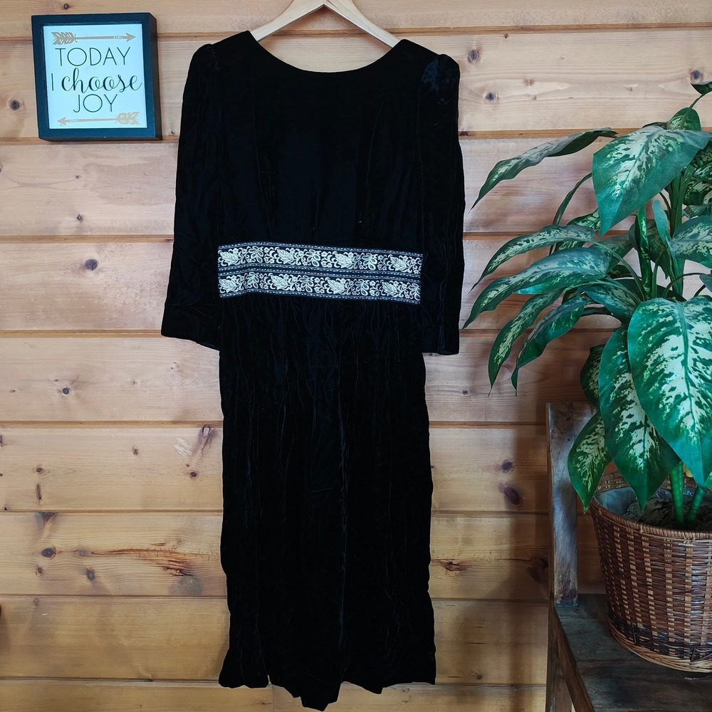 Lanz 4111 Vintage 80s‎ Black Velvet Dress Gold Brocade Waist Midi Open Back Sz 8